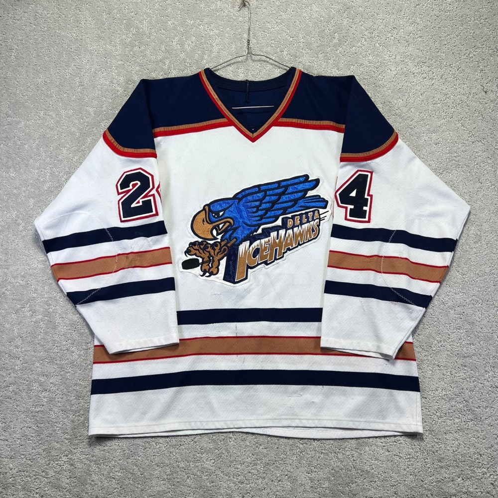 Delta Ice Hawks Hockey Jersey Large? White PJHL Junior Hockey League Repairs